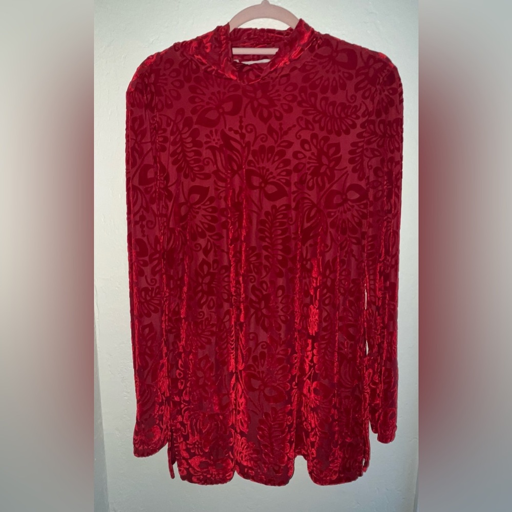 Soft Surroundings Red Velvet Long Sleeve Mandarin Collar Tunic